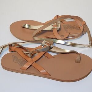 Ancient Greek Sandals Women's Gold Leather Ankle Wrap Shoes Size 37